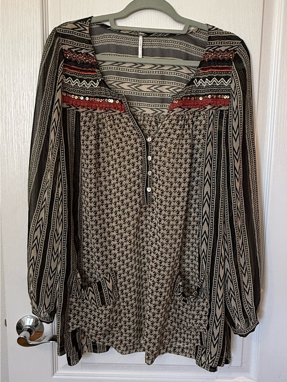 Free People Black and Cream‎ Patterned Tunic Top